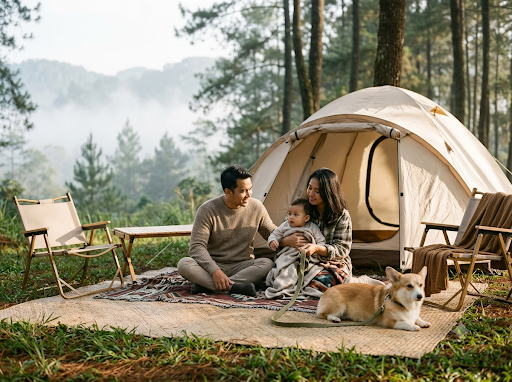 A family outside a tent at a campsite with a corgi on a picnic blanket