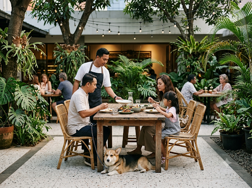 A server bringing plates to a family in a garden restaurant, a corgi settled under the table