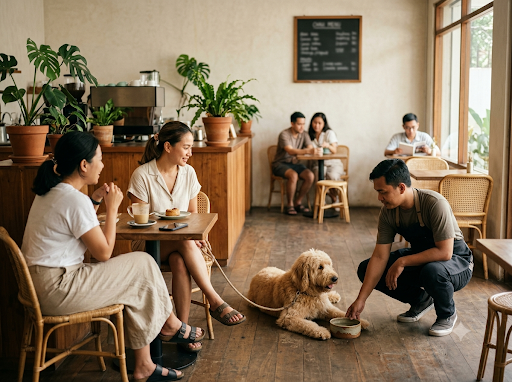 A barista placing a water bowl on the floor beside a guest's dog