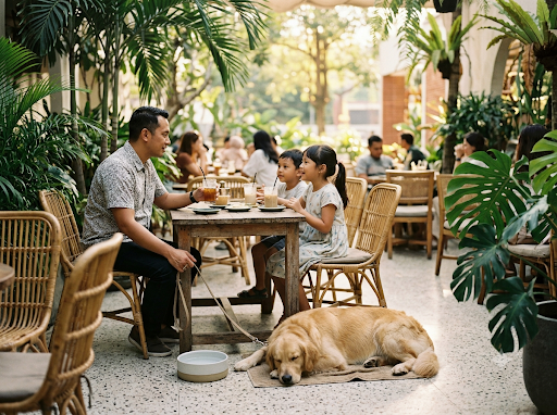 A father and two children at an outdoor café table with a golden retriever lying at their feet