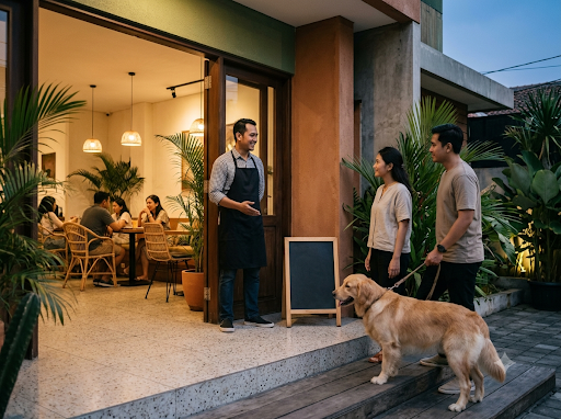A restaurant host greeting a couple arriving with a golden retriever