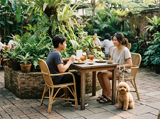 Two teenagers at a garden restaurant table with a small poodle beside the chair
