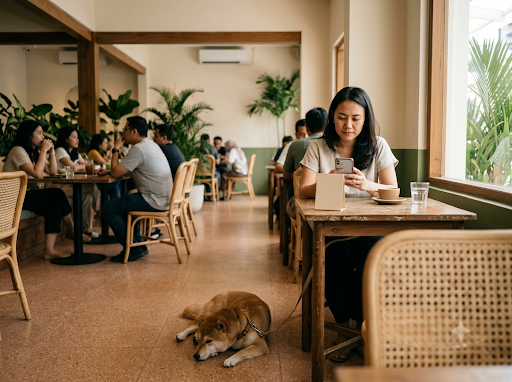 A woman at a café table with her phone, a shiba inu resting at her feet