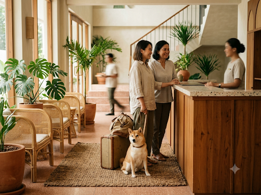 A mother and daughter arriving at a hotel with a shiba inu sitting at their feet