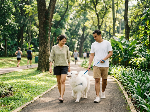 A couple walking a samoyed on a leash along a park path