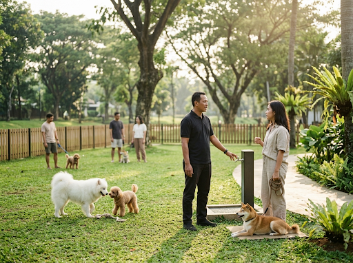 A park attendant talking with a visitor while two dogs play on the lawn